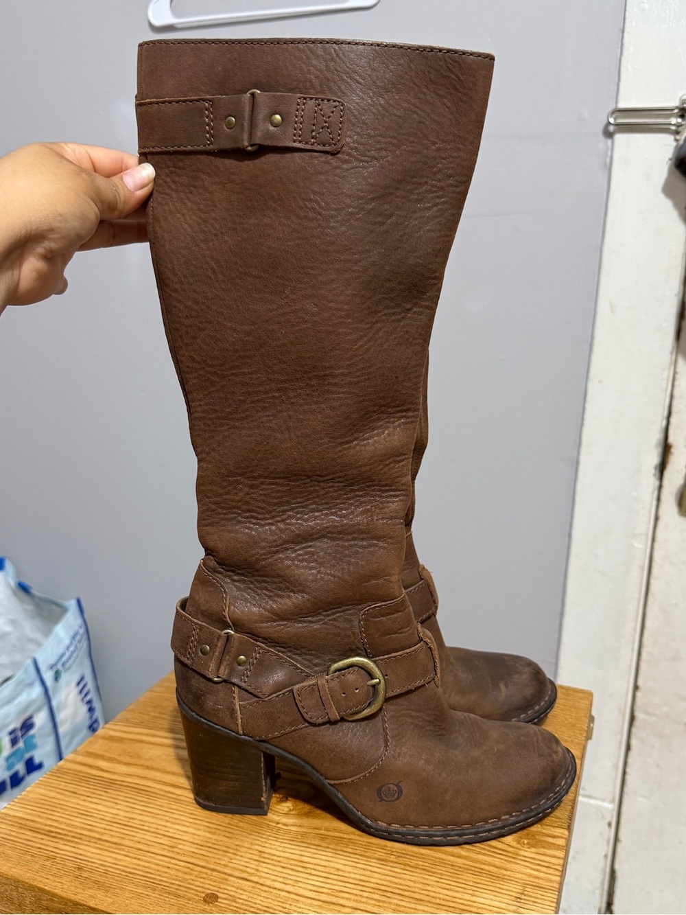 Born Brown Leather Tall Boots Womens 8 Buckle Strap Block Heel Boho Moto Riding